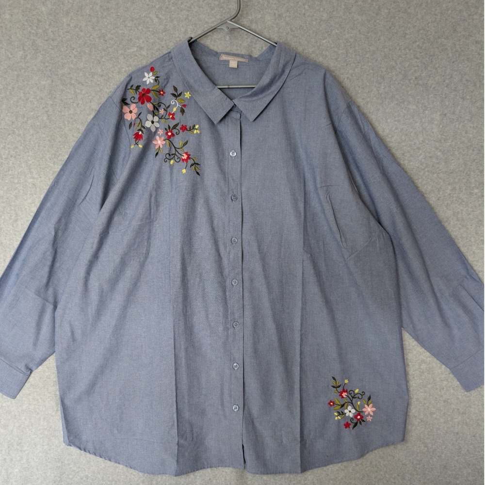 Woman Within Womens 4X Blue Embroidered Floral Oxford Top Relaxed Fit Classic